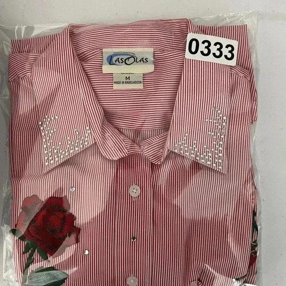 Vintage Las Olas Womens M Red Striped Button Top Rose Embroidery Blouse Western - Picture 13 of 13
